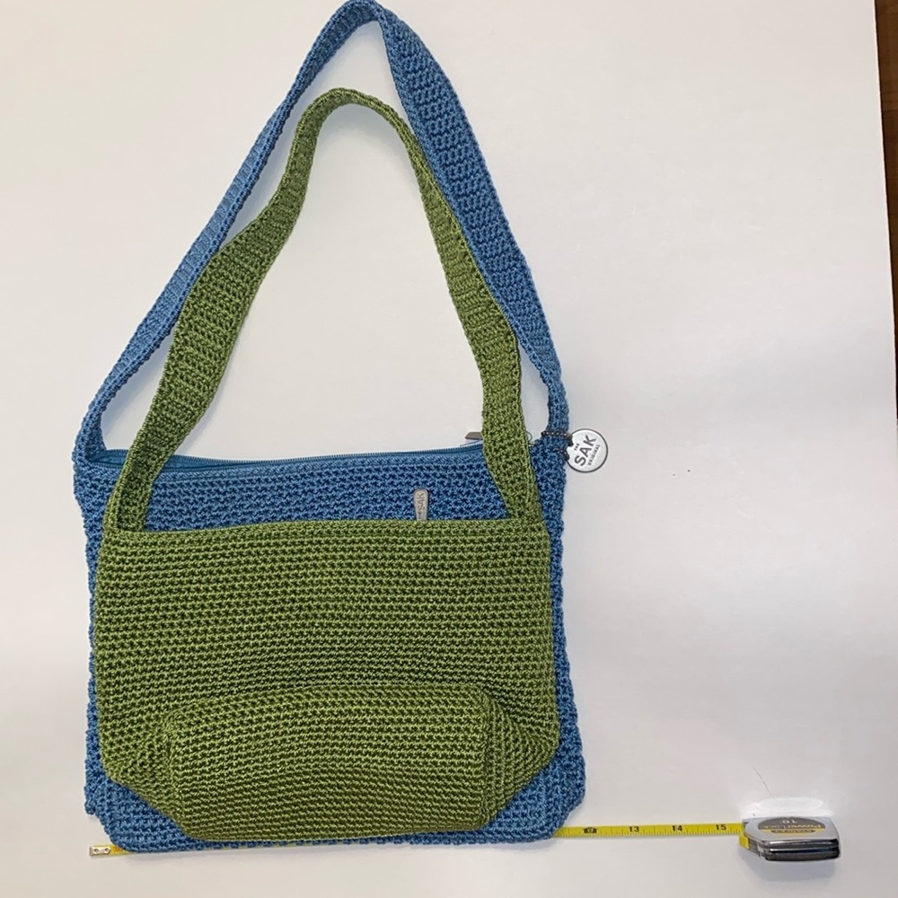 THE SAK Crocheted Silver-Tone Branded Zipper Purse Shoulder Bag Green VGUC - Picture 15 of 17
